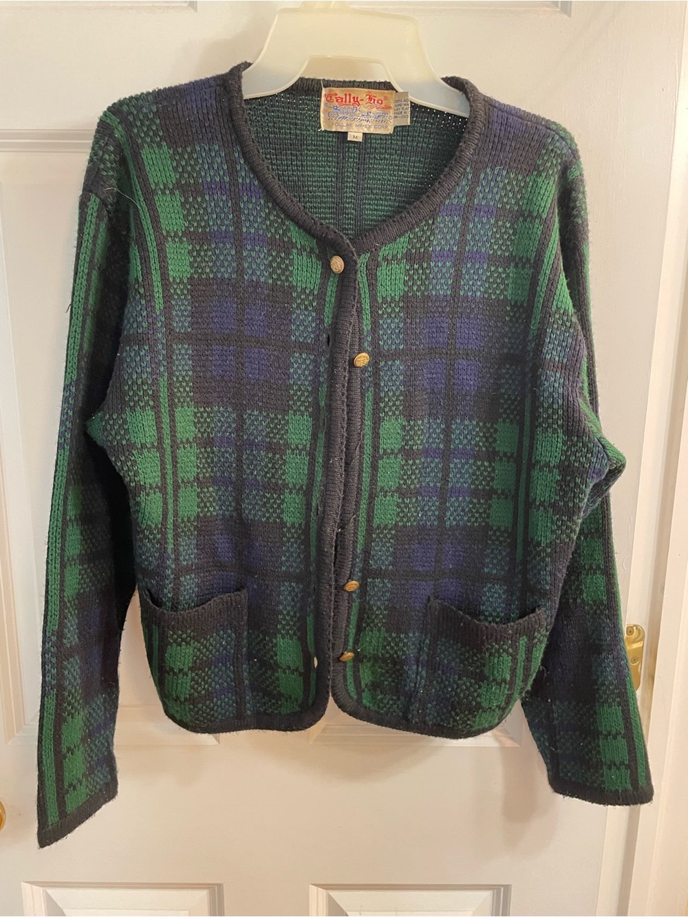 Vintage Tally-Ho Blue Green Plaid Acrylic Cardigan Sweater Medium